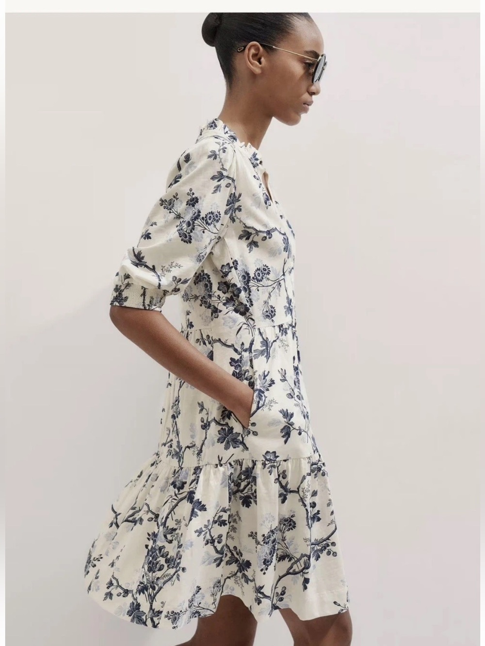 ME+EM US 8 Modern Botanical Tiered Dress Floral White Blue V Neck Cotton Summer
